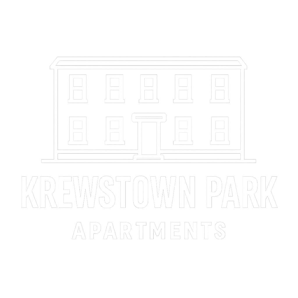 A logo for Krewstown Park Apartments featuring a building.